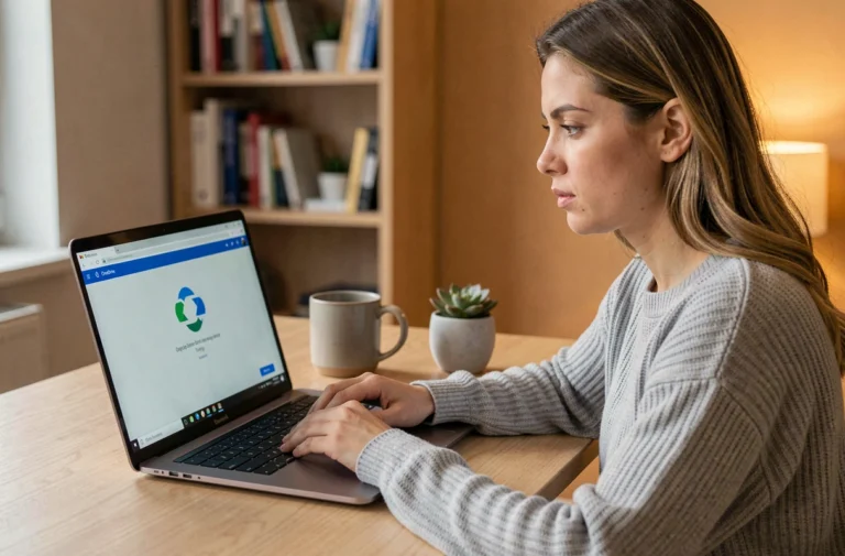 Femme travaillant sur un ordinateur portable affichant l'interface OneDrive pour forcer la synchronisation