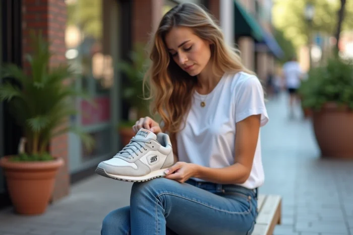 Jeune femme inspectant attentivement la semelle d'une Skechers pour vérifier son authenticité en milieu urbain