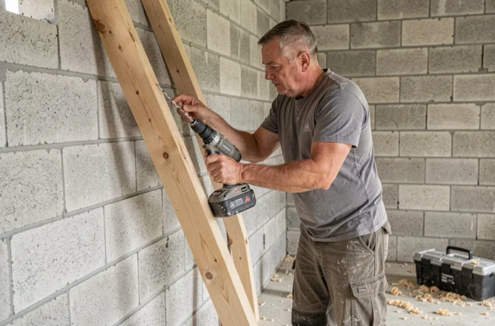 Ouvrier fixant un chevron en bois sur un mur en parpaing avec une perceuse dans un chantier en cours