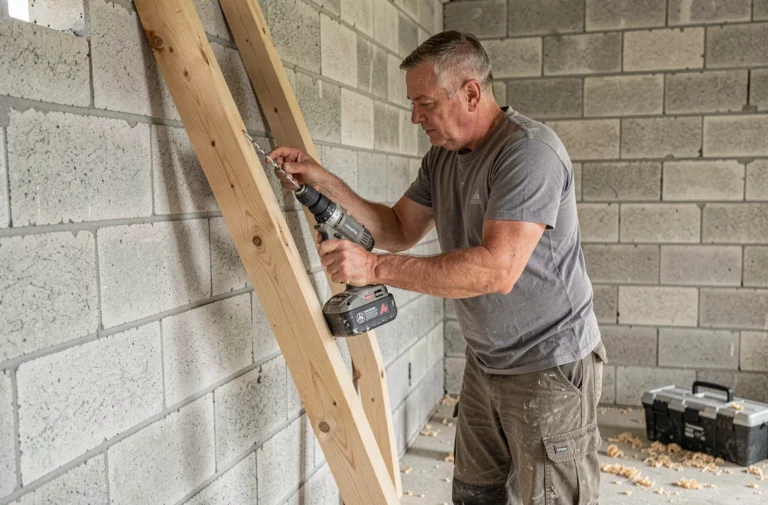 Ouvrier fixant un chevron en bois sur un mur en parpaing avec une perceuse dans un chantier en cours