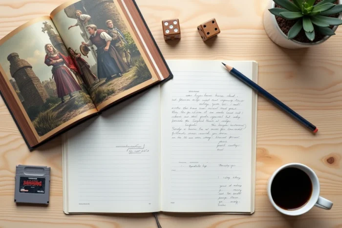 Flat lay de table avec guide de soluce annoté, cartouche de jeu et notes manuscrites pour Unicorn Overlord