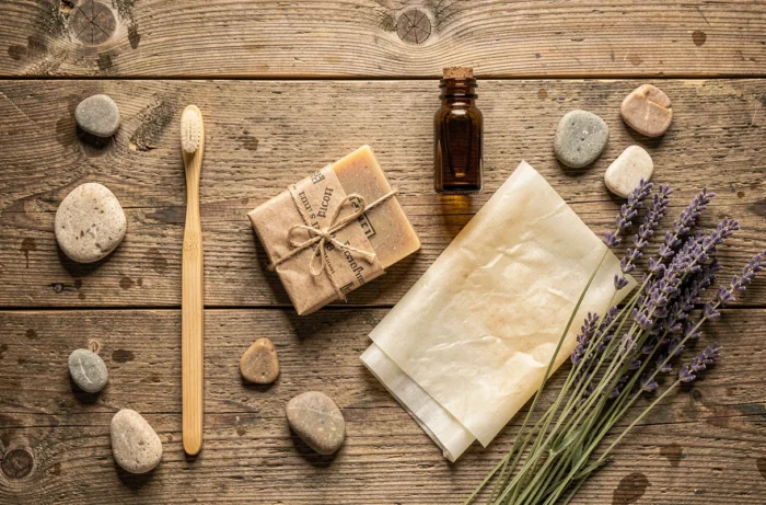 Flatlay de produits naturels et écologiques sur bois recyclé incluant savon artisanal et brosse à dents bambou