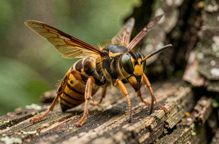 Frelon géant posé sur du bois en gros plan macro, détails du venin et de l'abdomen segmenté visibles