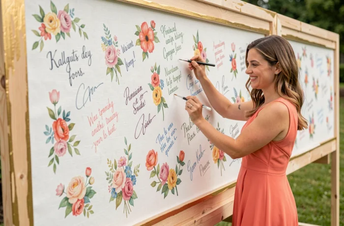 Fresque participative utilisée comme livre d'or lors d'un mariage, avec invités peignant des messages colorés