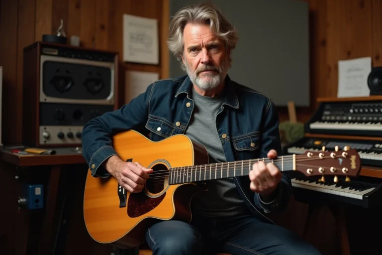 Gaëtan Roussel dans un studio d'enregistrement tenant une guitare acoustique, portrait d'un musicien expérimenté en pleine création artistique