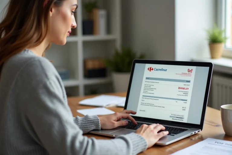 Femme générant une facture Carrefour en PDF sur son ordinateur portable depuis son bureau à domicile