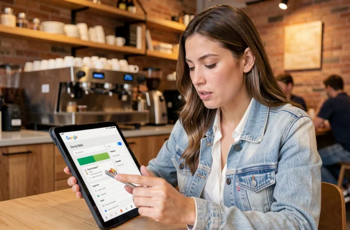 Femme consultant les paramètres de son compte Google sur une tablette dans un café pour transférer son solde Play Store