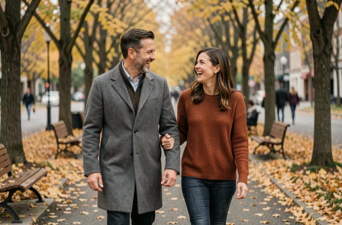 Couple marchant main dans la main dans un parc en automne, souriant et complices malgré les rumeurs médiatiques
