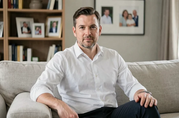 Portrait de Grégory Patat posé et serein dans son salon, illustrant sa résilience face aux critiques et rumeurs