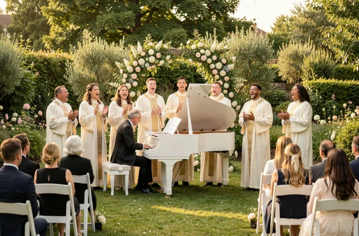 Groupe de gospel en robes ivoire chantant devant l'autel lors d'une cérémonie de mariage en plein air