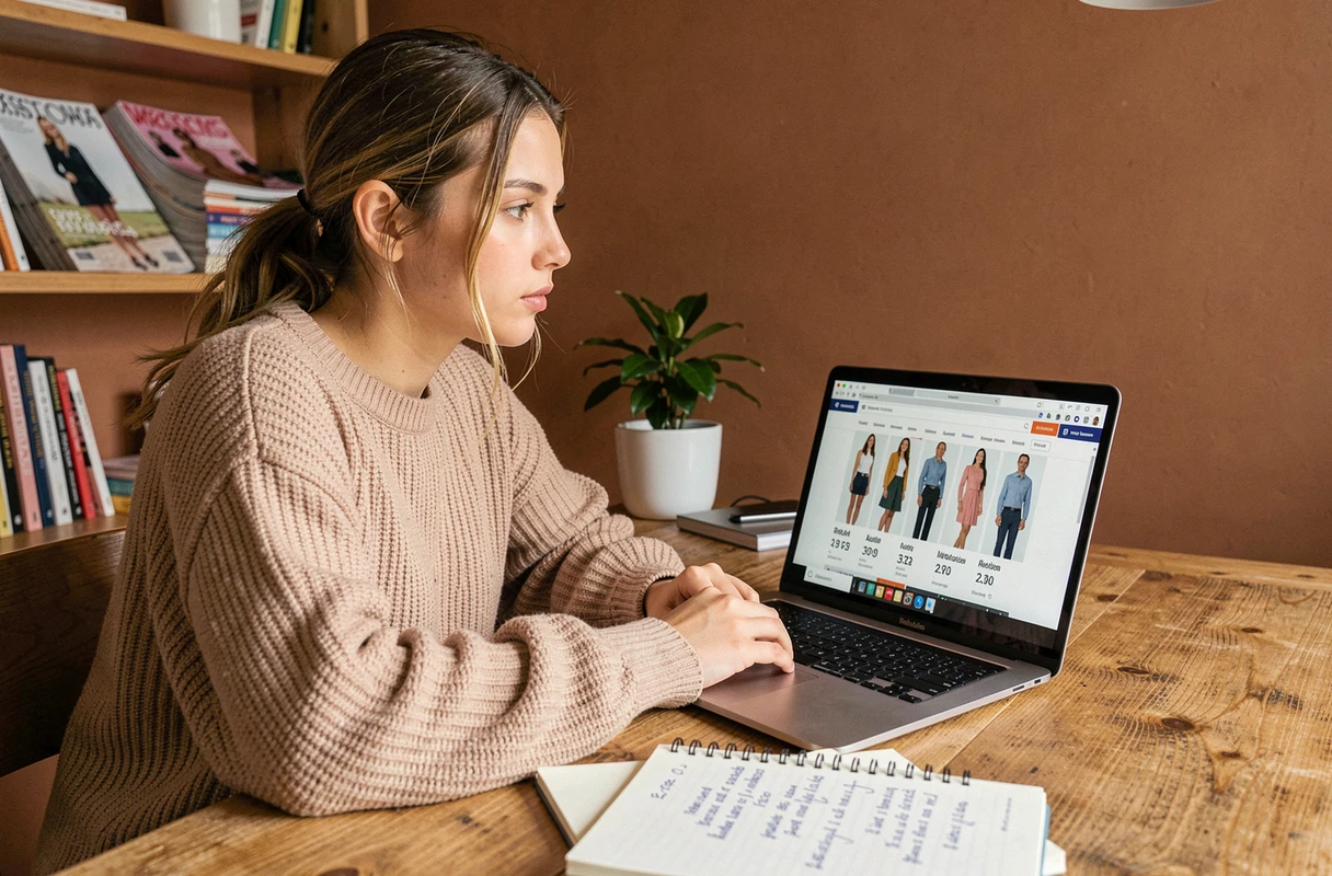 Jeune femme consultant un guide de conversion de tailles australiennes en ligne depuis son bureau à domicile