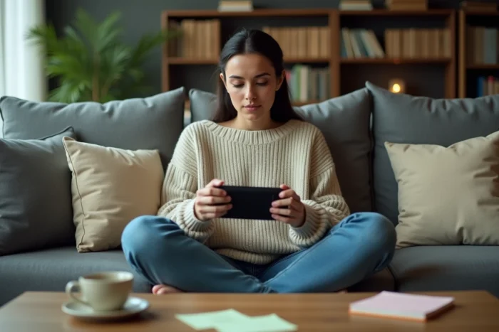 Joueuse concentrée sur une console portable jouant à Unicorn Overlord dans un salon moderne avec des notes de jeu