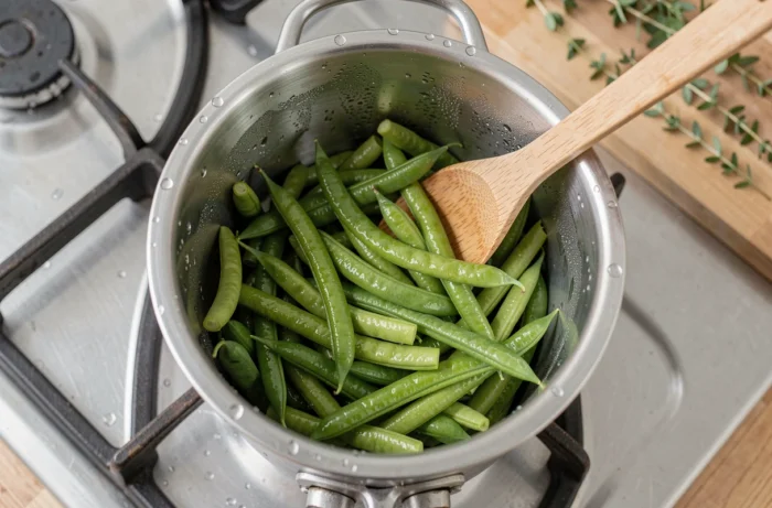Gros plan sur des haricots verts cuits à l'intérieur d'une cocotte minute ouverte sur une gazinière