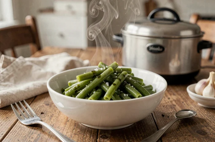 Bol de haricots verts réchauffés à la cocotte minute servis sur une table en bois rustique
