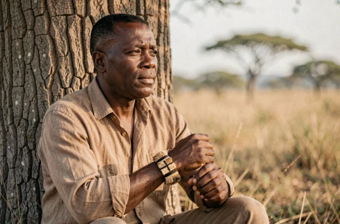 Homme africain portant un bracelet en poil d'éléphant au poignet dans un paysage de savane africaine, symbolisme spirituel et protection