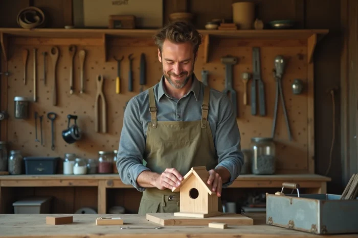 Homme bricoleur assemblant une cabane en bois dans un atelier de garage rustique pendant ses loisirs