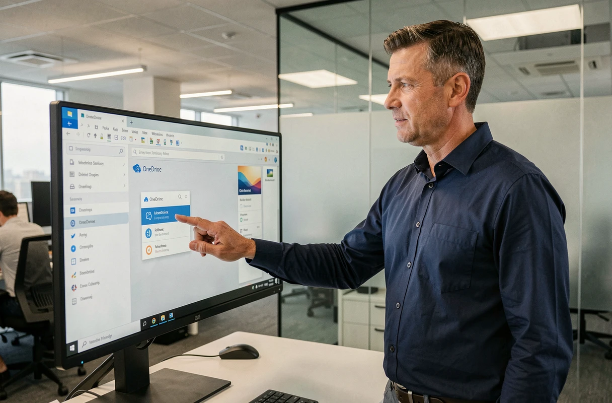 Homme en entreprise forçant la synchronisation OneDrive via le menu de la barre des tâches Windows