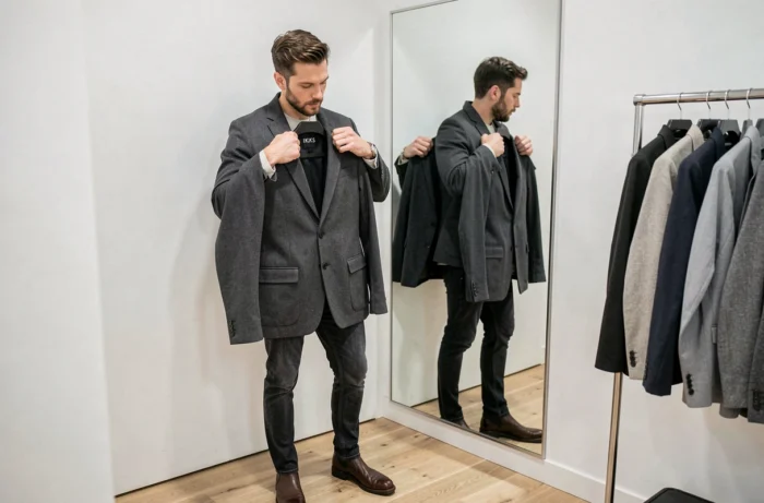 Homme en cabine d'essayage comparant deux tailles de veste IKKS pour trouver la meilleure coupe