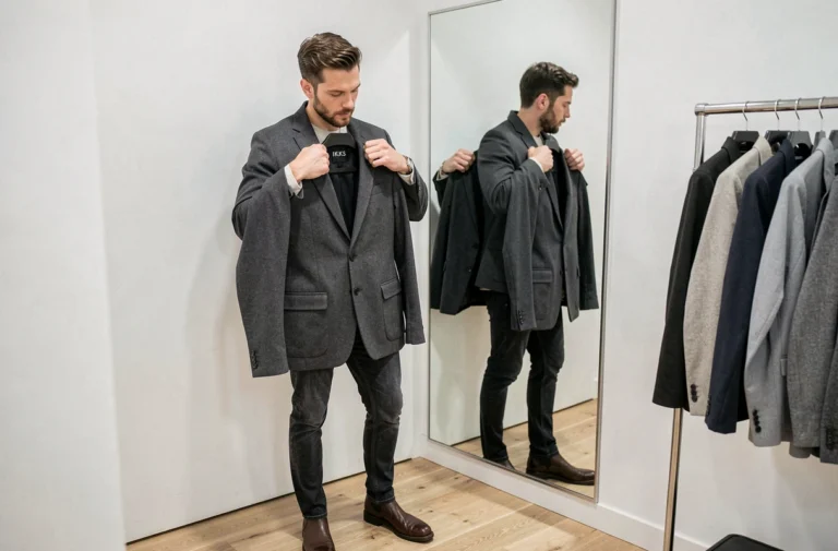 Homme en cabine d'essayage comparant deux tailles de veste IKKS pour trouver la meilleure coupe
