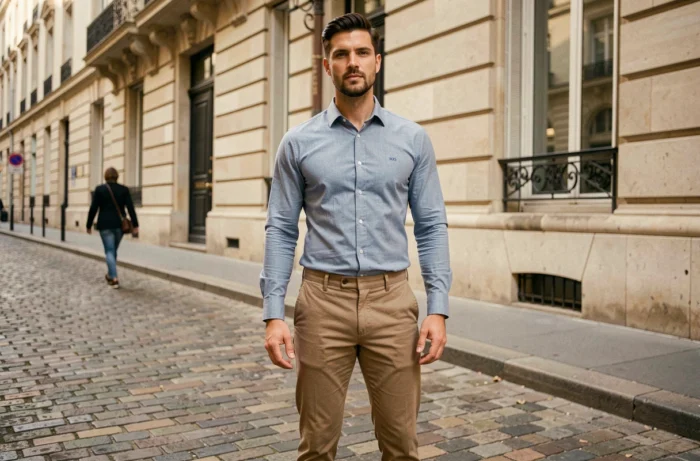 Homme portant une chemise IKKS bien ajustée en milieu urbain parisien pour illustrer le guide des tailles