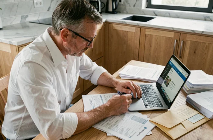 Homme consultant ses documents fiscaux et déclarant ses impôts en ligne sur impots.gouv.fr à la table de sa cuisine