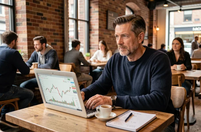 Homme consultant des graphiques financiers sur un ordinateur portable dans un café moderne avec un carnet de notes et un café