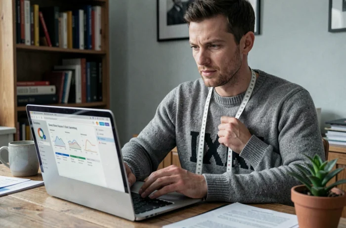 Homme consultant un guide des tailles IKKS sur ordinateur portable avec un mètre ruban pour bien choisir sa taille