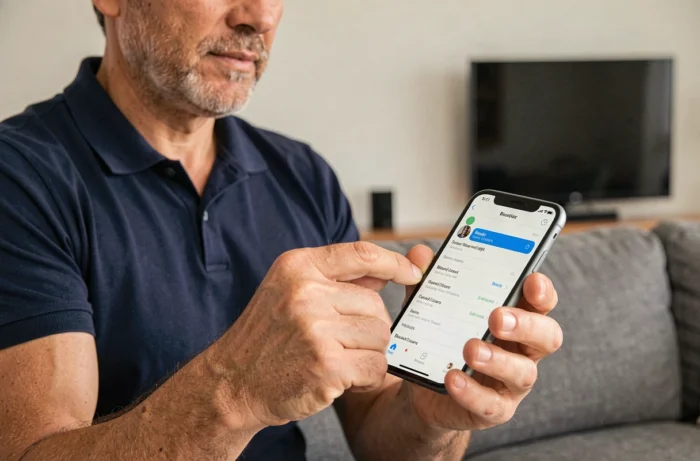 Homme consultant la liste des profils bloqués sur l'application Facebook depuis son smartphone