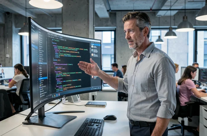 Homme consultant des ressources informatiques et des actualités tech sur un grand écran dans un bureau moderne en open space