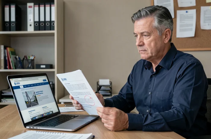 Homme recherchant son code NAN CESU sur un document administratif au bureau