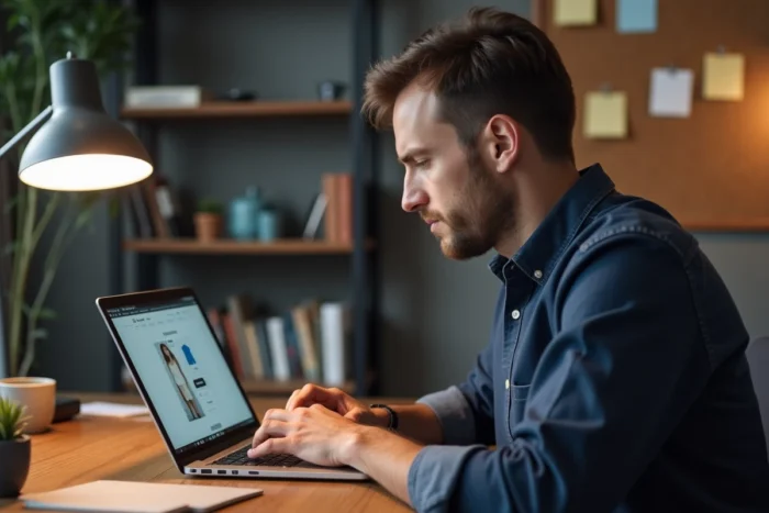 Homme recherchant des codes promotionnels Zalando sur son ordinateur portable dans un bureau à domicile