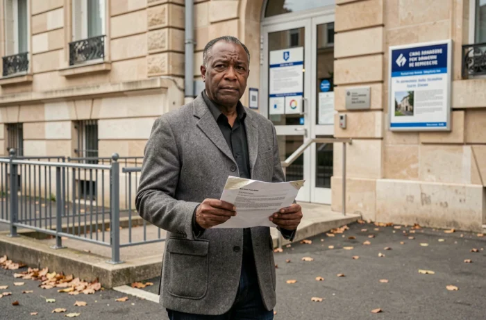 Homme déposant un recours DALO devant une préfecture française, tenant une enveloppe de documents officiels