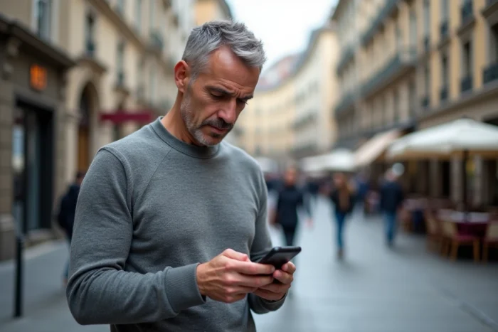 Homme consultant l'actualité indépendante sur smartphone dans une rue européenne animée