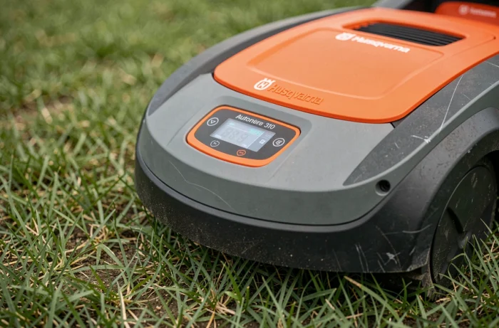 Gros plan sur le panneau de contrôle et les détails du robot tondeuse Husqvarna Automower 310