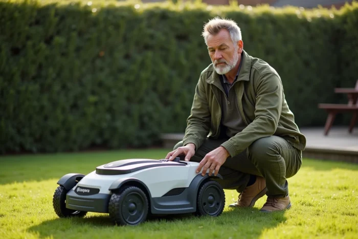 Homme examinant le panneau de contrôle du robot tondeuse Husqvarna Automower 310 dans un jardin