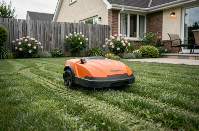 Robot tondeuse Husqvarna Automower 310 en fonctionnement autonome sur une pelouse de jardin résidentiel
