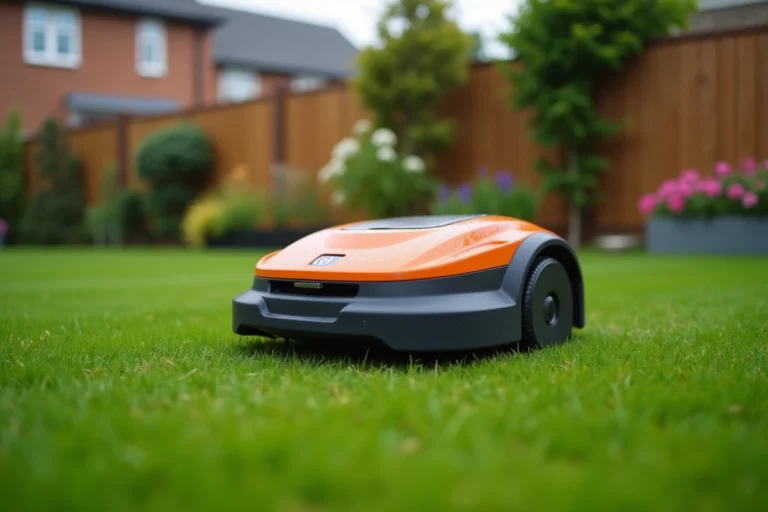 Robot tondeuse Husqvarna Automower 310 en fonctionnement autonome sur une pelouse résidentielle bien entretenue