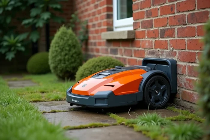 Robot tondeuse Husqvarna Automower 310 sur sa station de charge installée dans un coin de jardin
