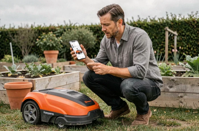 Homme examinant le robot tondeuse Husqvarna Automower 310 dans un jardin avec l'application smartphone