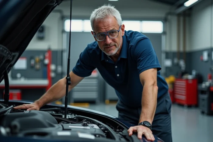 Ingénieur automobile inspectant le moteur d'une voiture de sport dans un garage professionnel
