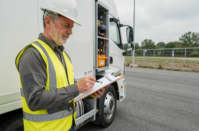Ingénieur inspectant un camion à hydrogène lors d'essais de transport innovant en France
