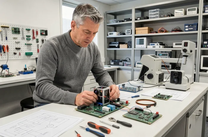Ingénieur examinant un prototype de robot à intelligence artificielle dans un laboratoire de recherche et développement