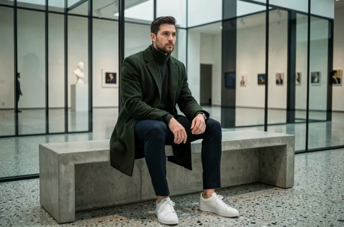 Homme en manteau vert forêt et col roulé gris assis dans une galerie moderne, illustrant les inspirations mode masculine de la saison