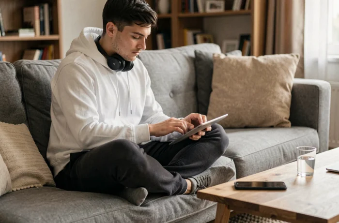 Jeune adulte utilisant une tablette pour lire des conseils et astuces informatiques confortablement installé dans un salon