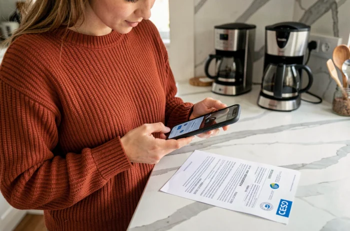 Jeune femme prenant en photo son document CESU pour retrouver le code NAN