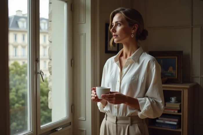 Femme dans un appartement haussmannien parisien, moment de vie privée authentique et élégant