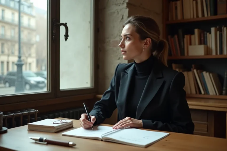 Femme artiste française pensive dans son bureau parisien intimiste, portrait 3/4 élégant et naturel