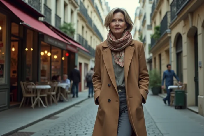 Femme élégante marchant dans une rue pavée de Paris, portrait environnemental authentique en plein air