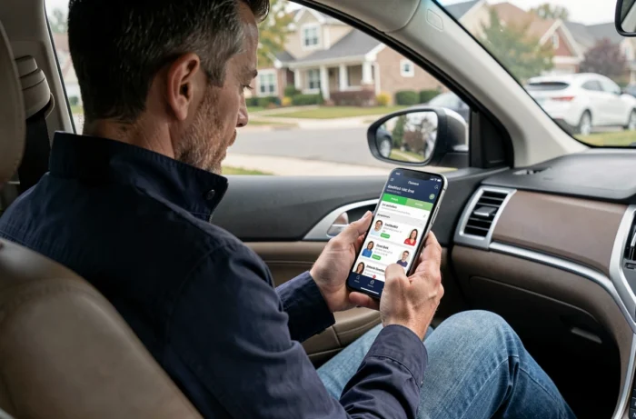 Un homme en trajet domicile-travail consulte l'algorithme de matching de l'application Karos sur son smartphone dans une voiture