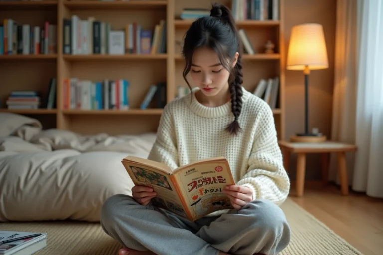 Jeune femme lisant un manga japonais dans sa chambre entourée de volumes sur des étagères